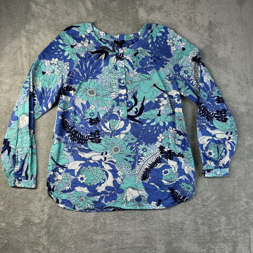 Talbots Top Women's Medium Blue Green Floral Tunic Blouse Long Sleeve 1/2 Button